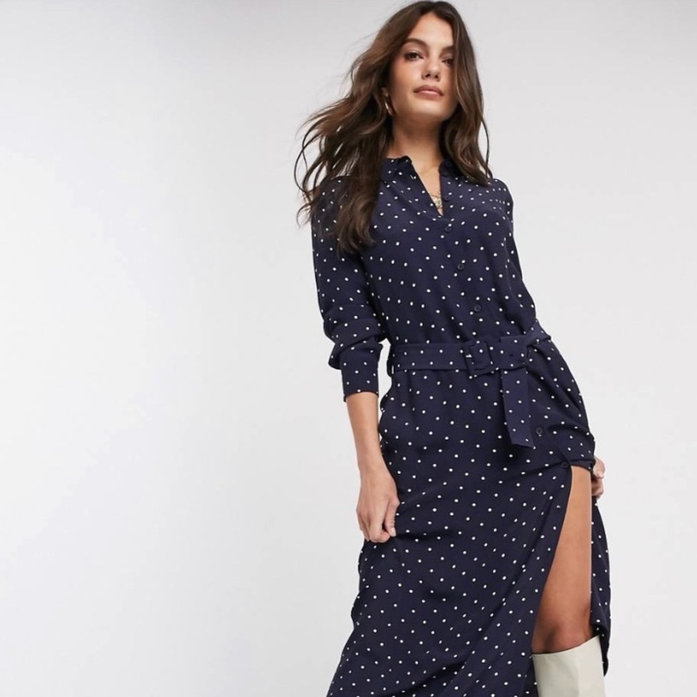 & Other Stories Midi navy dot dress | Size 8